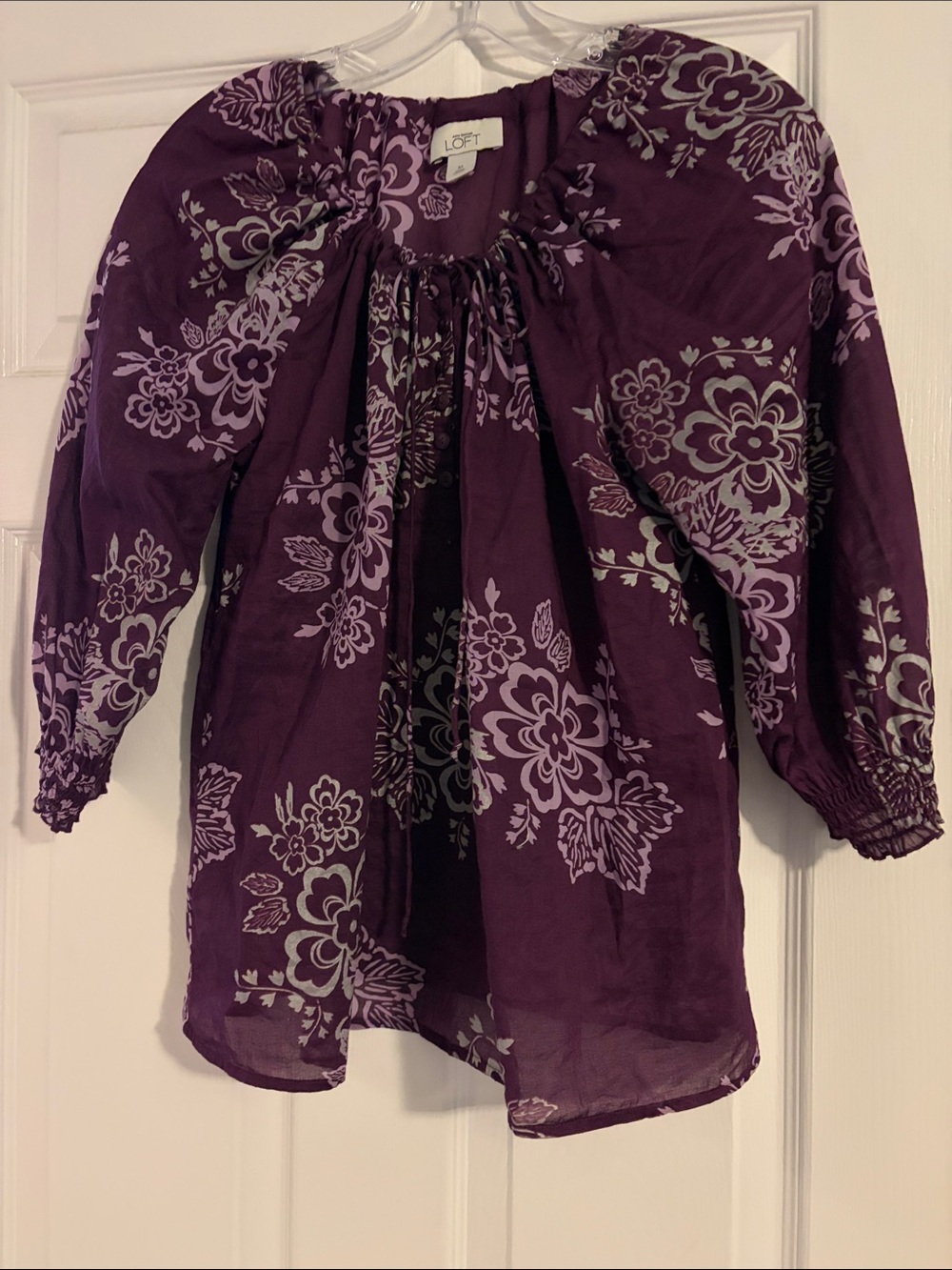 LOFT Deep Purple Floral Peasant Top
